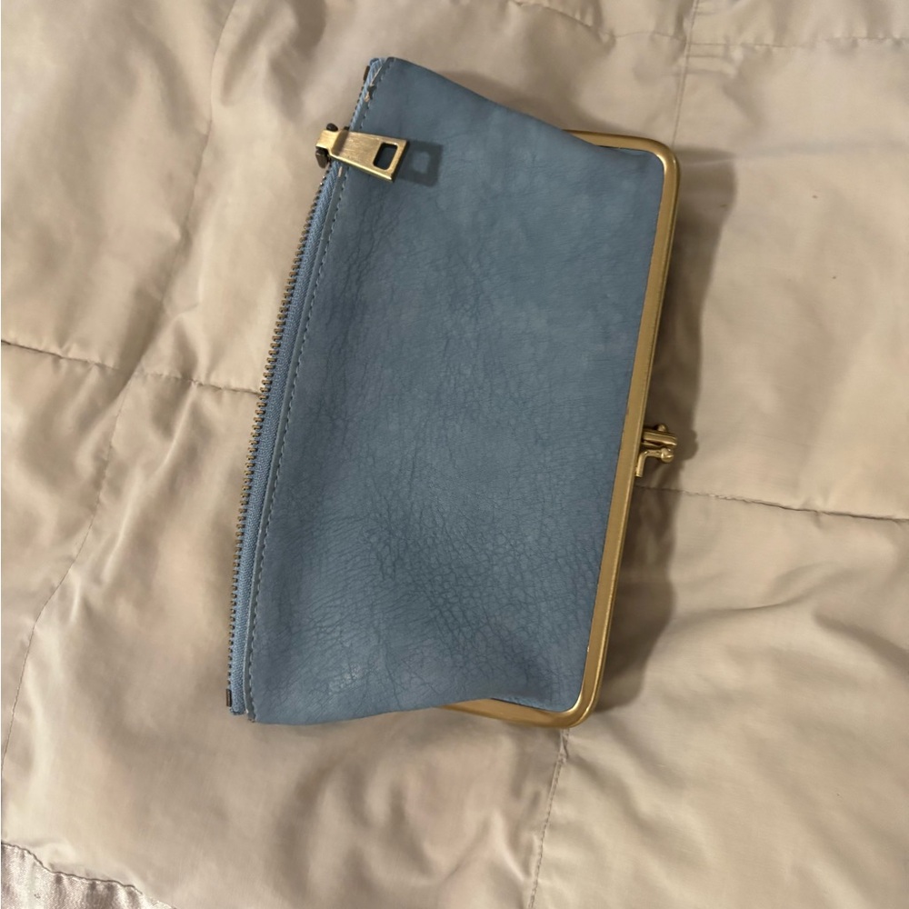 Urban Expressions Light Blue Leather Kiss-Lock Clutch with Brass Trim - Picture 10 of 11
